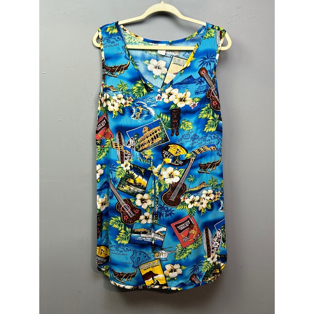 Palmwave Hawaii‎ Womens Tank Dress Blue Hawaiian Print Sleeveless Medium